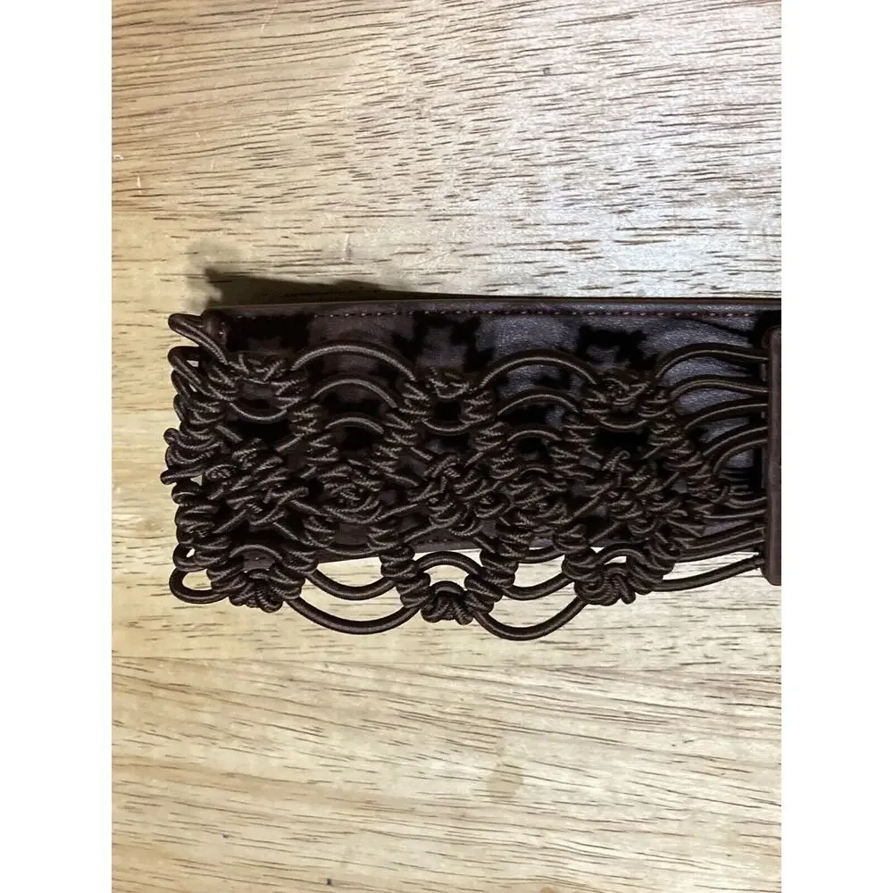 Brown Bonded Leather Belt Braided Woven Brass‎ Buckle Sz L
